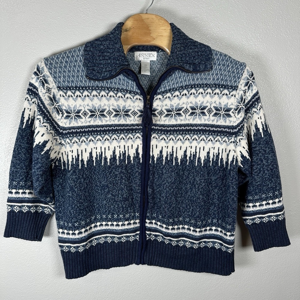Casual Corner Annex Womens Sz‎ 3X Blue Fair Isle Snowflake Full Zip Knit Sweater